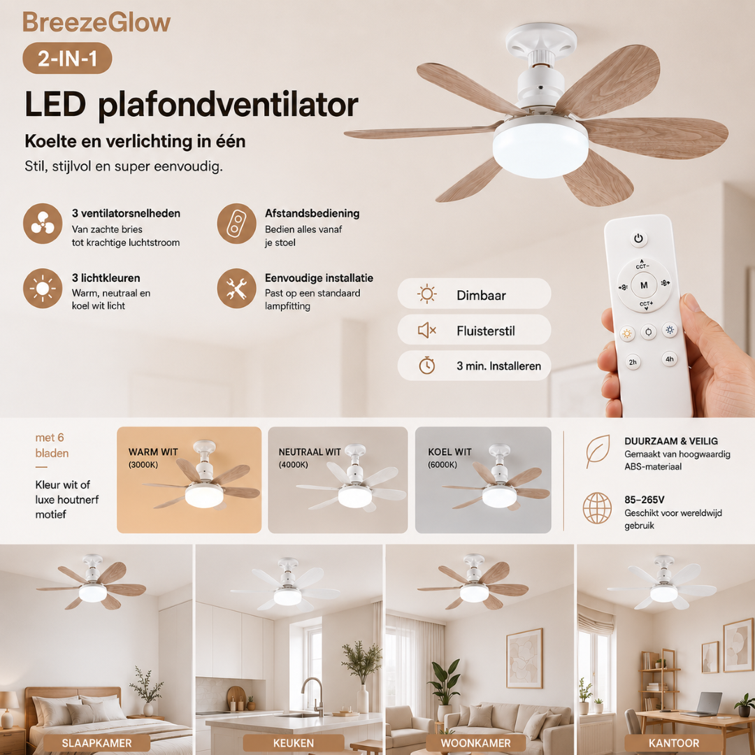 BreezeGlow 2-in-1 LED Plafondventilator | Verlicht én verkoelt elke ruimte op afstand - dimbaar & ultrastil