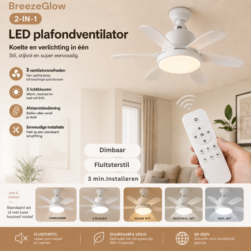 BreezeGlow 2-in-1 LED Plafondventilator | Verlicht én verkoelt elke ruimte op afstand - dimbaar & ultrastil