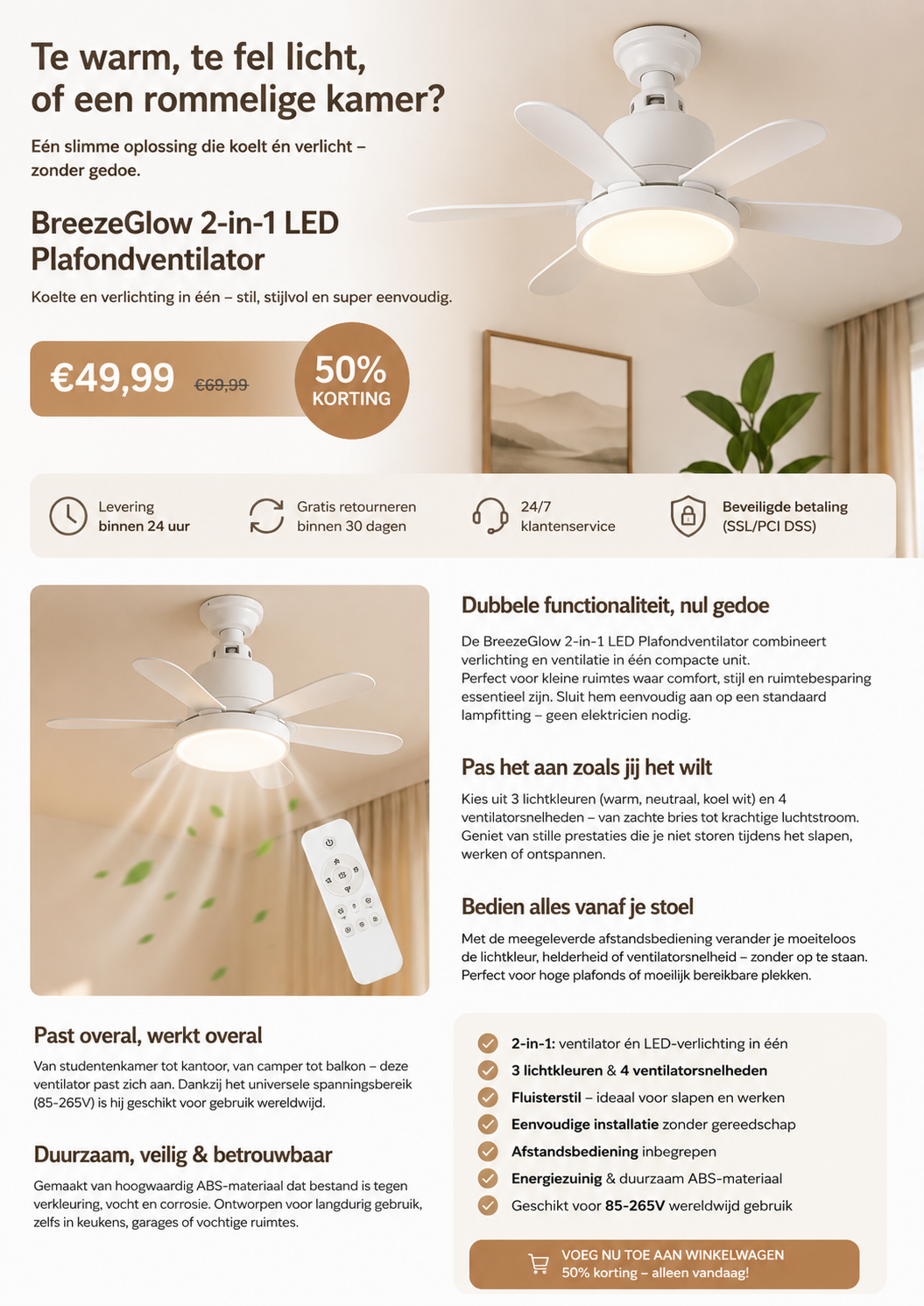 BreezeGlow 2-in-1 LED Plafondventilator | Verlicht én verkoelt elke ruimte op afstand - dimbaar & ultrastil